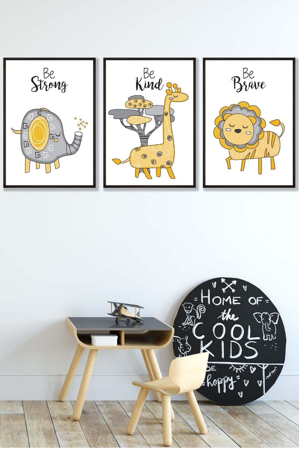 Set of 3 Black Framed Scandi Nursery Elephant Animals Quote Yellow Grey Wall Art